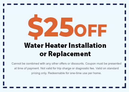  off water heater installation or replacement coupon from Plumbing Today HVAC, highlighting promotional savings for plumbing services.