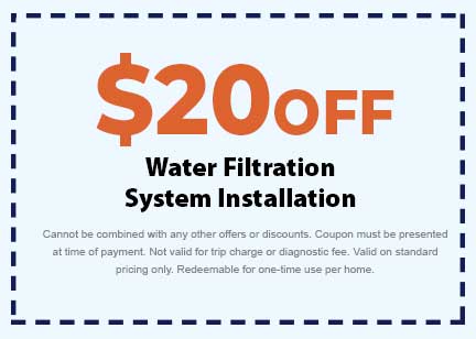  off coupon for water filtration system installation, promotional offer with terms and conditions listed.