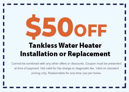  off tankless water heater installation or replacement coupon from Plumbing Today HVAC, featuring terms and conditions for use.