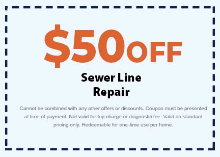  off coupon for sewer line repair from Plumbing Today HVAC, emphasizing promotional discount and service offer details.