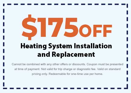 5 off heating system installation and replacement coupon from Plumbing Today HVAC, emphasizing savings on HVAC services.